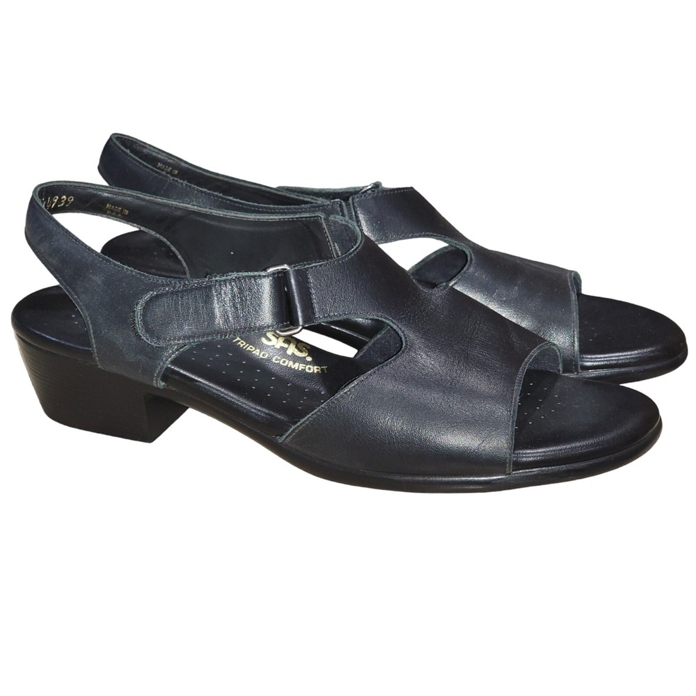 SAS Suntimer Womens SZ 9.5 S Black Leather Slingback Comfort‎ Sandals